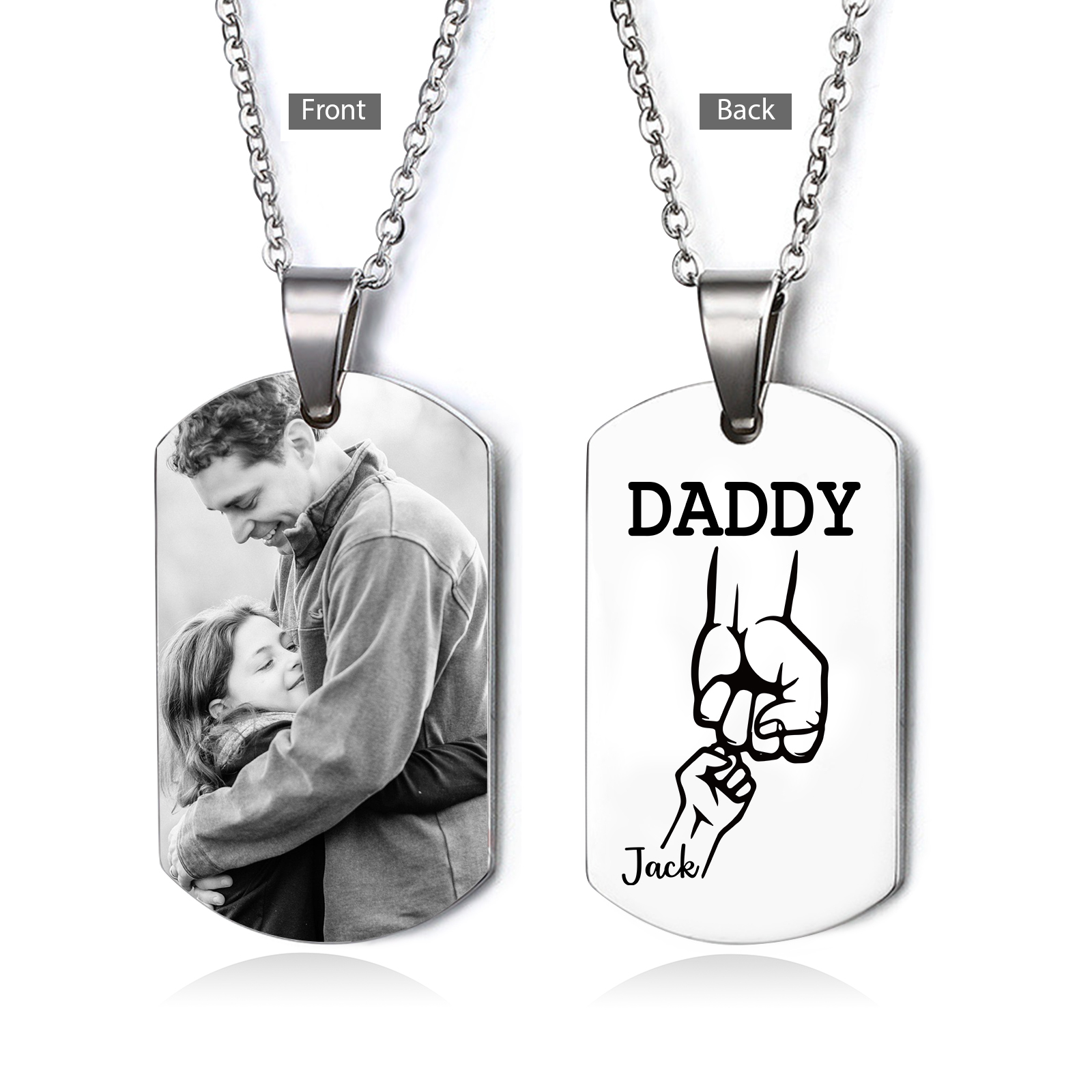 2 Names-Personalised Dad Photo Fist Stainless Steel Necklace-Custom Names and Photo Necklace for Father/Grandad
