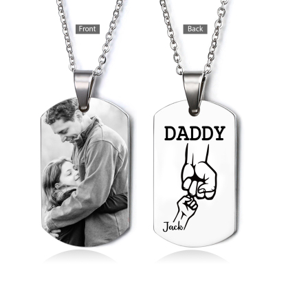 2 Names-Personalised Dad Photo Fist Stainless Steel Necklace-Custom Names and Photo Necklace for Father/Grandad