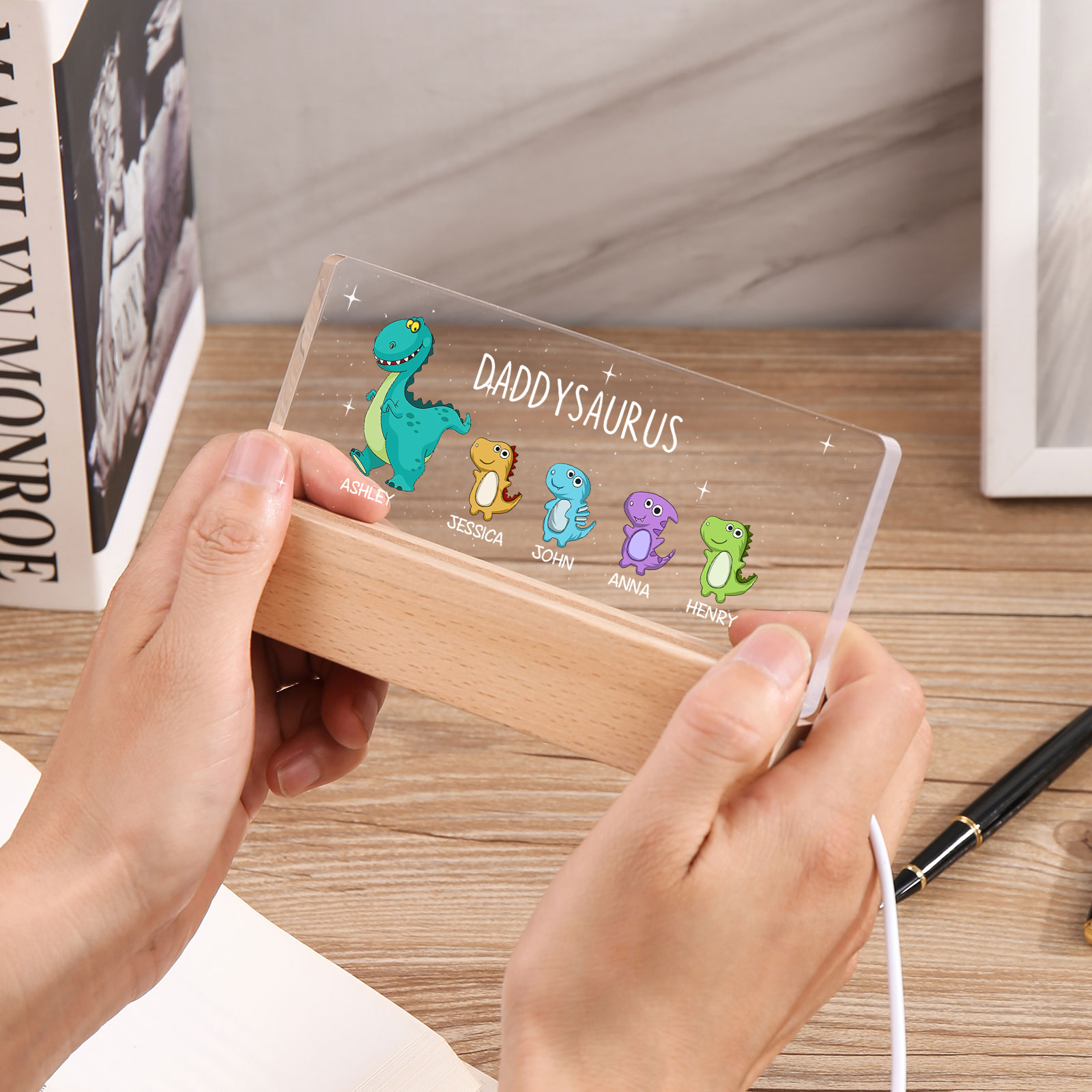 5 Names - Personalised Cute Dinosaur Pattern Beautiful Table Lamp Father's Day Gift for Dad