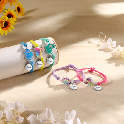 Personalised Name Cute Dinosaur Style Elastic Cord Rubber Rope Bracelet, As A Back To School Gift For Children