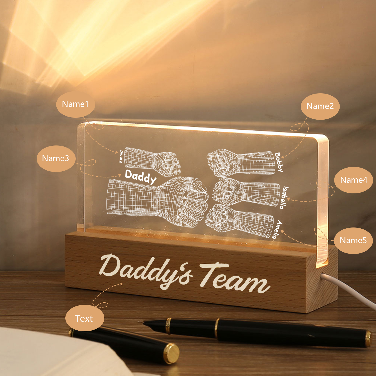 5 Names Personalised Fist Bump Pattern Night Light Custom Text LED Light Father's Day Gift for Dad