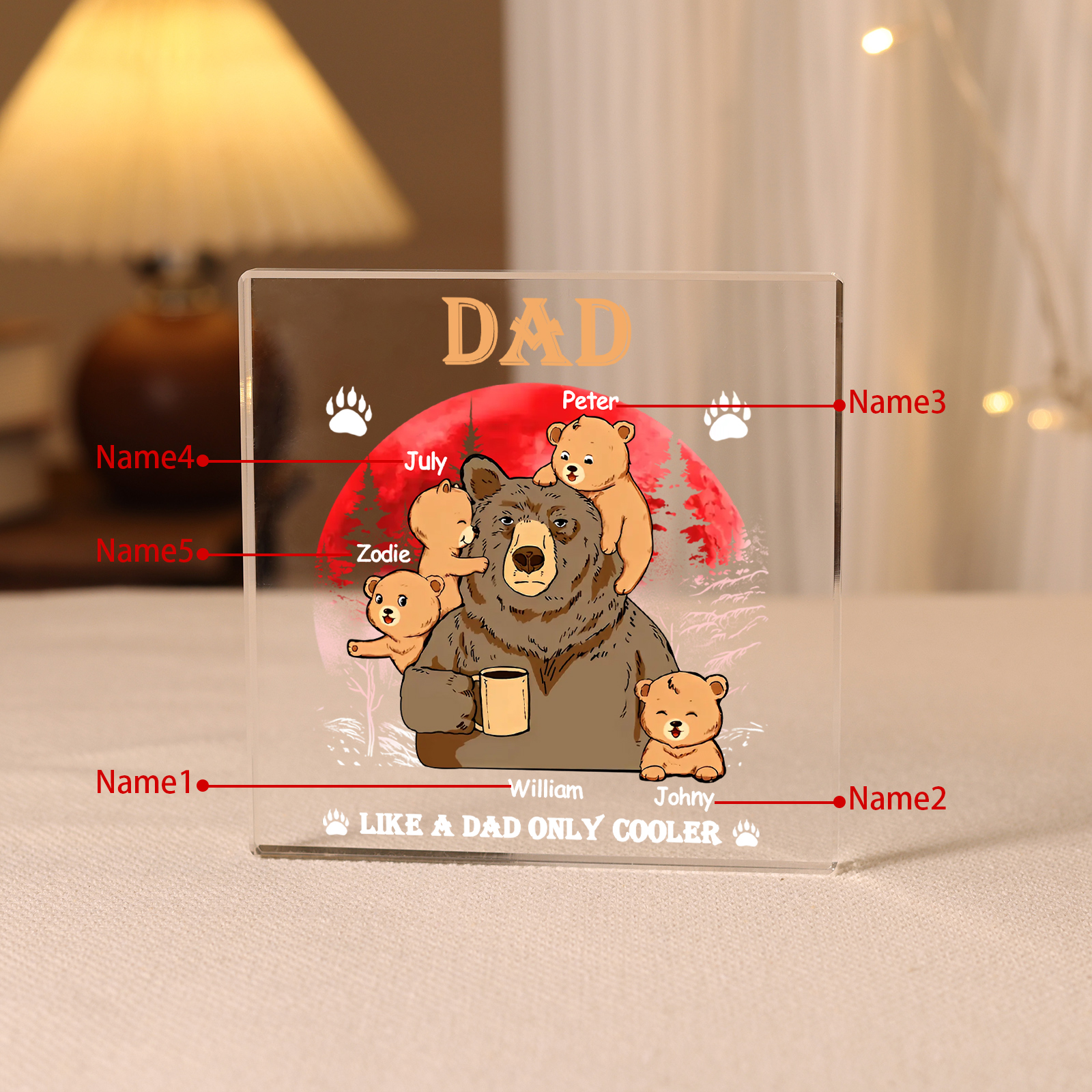 5 Names - Personalised Bear Family Pattern Custom Name Acrylic Square Ornament Father's Day Gift
