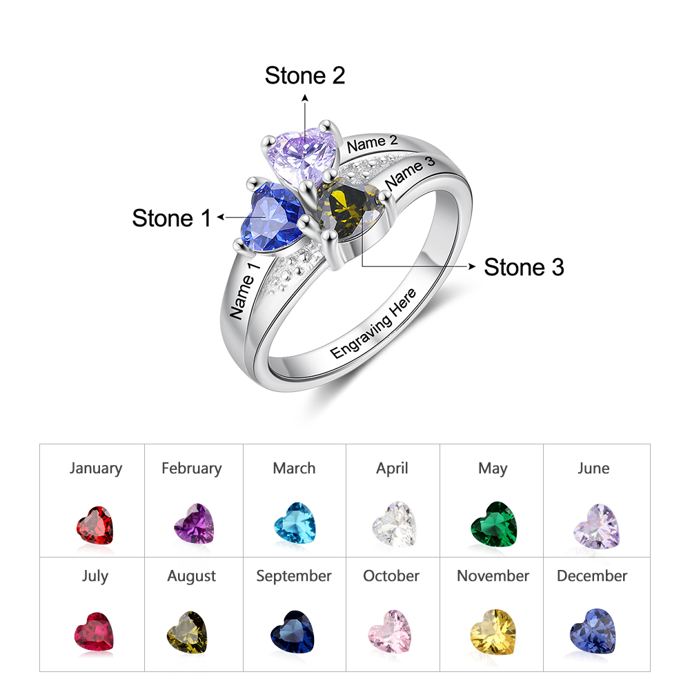 Personalised Heart Birthstone Ring with Engraving 3 Names and 3 Birthstones Ring Gifts For Her | Jessmade