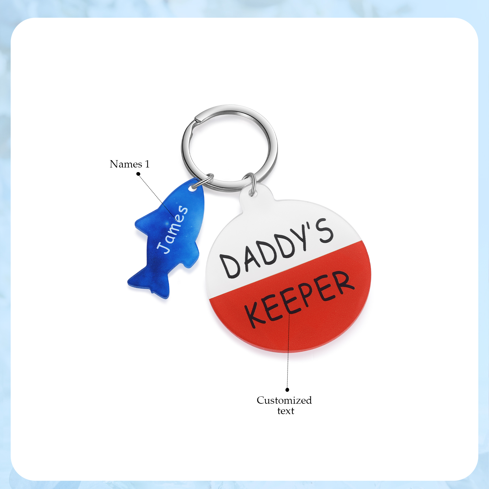 1 Name - Personalised Fish Keyring with Custom Text and Name Father's Day Gift for Dad