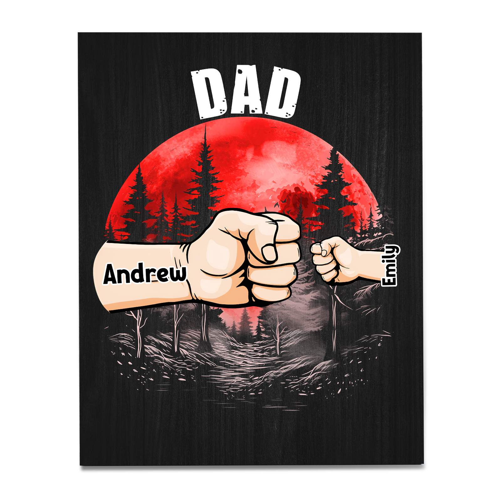 2 Names - Personalised Wooden Ornament Fist Bump Red Forest Style Engraved Name and Text Ornament for Dad