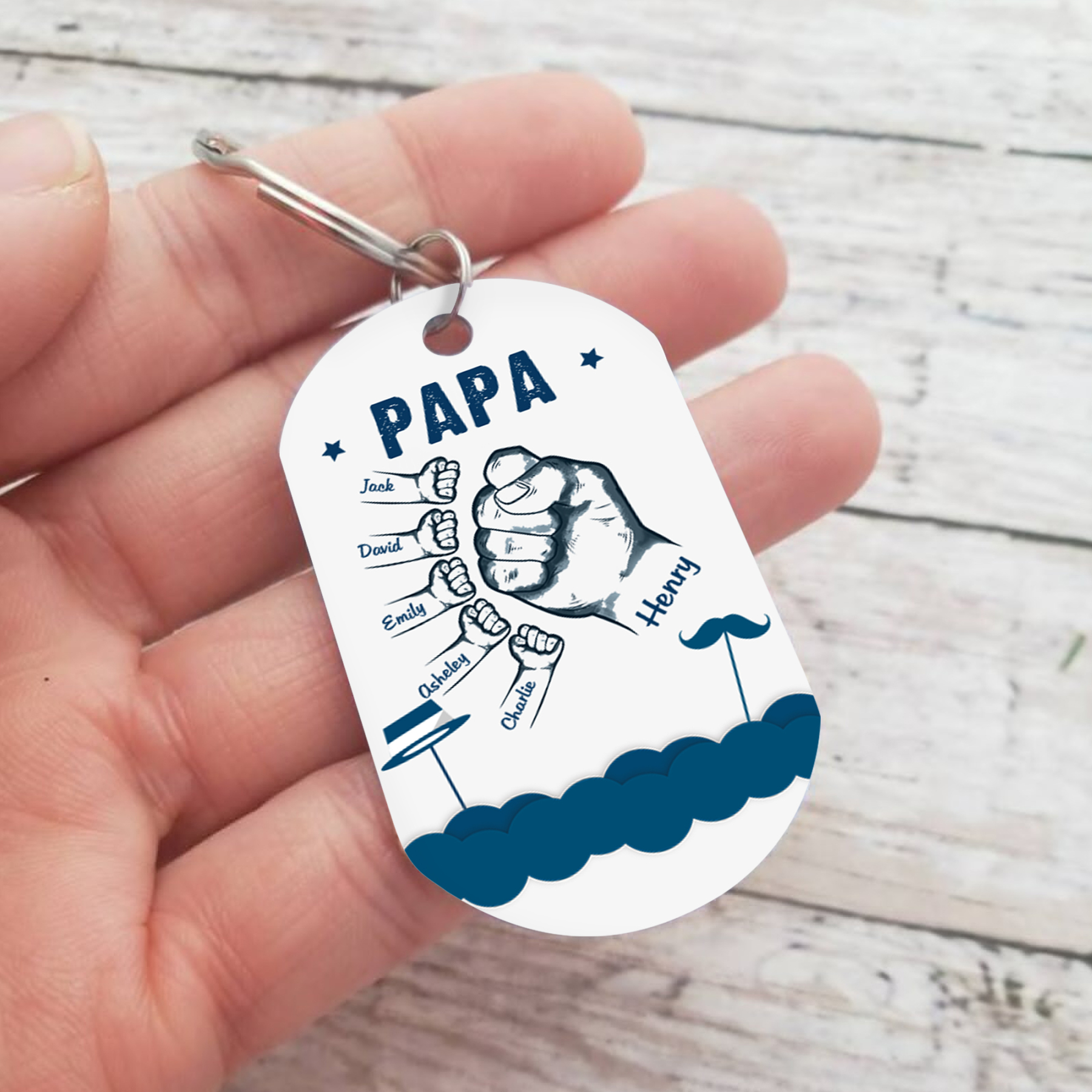 6 Names - Personalised Custom Fist Bump Keyring Hat and Beard Style Keyring Gift for Dad