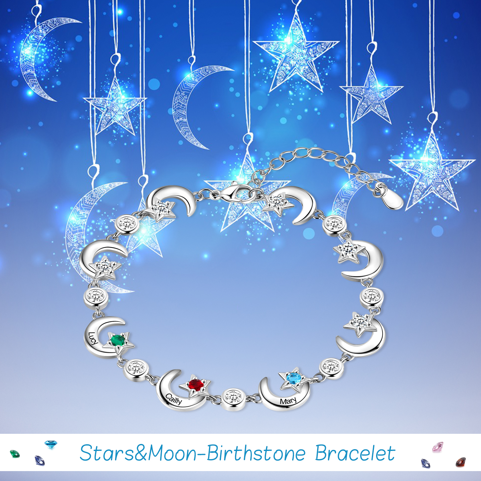 3 Names-Personalised Moons And Stars Bracelet With 3 Birthstones Custom Names Bracelet Gift For Women
