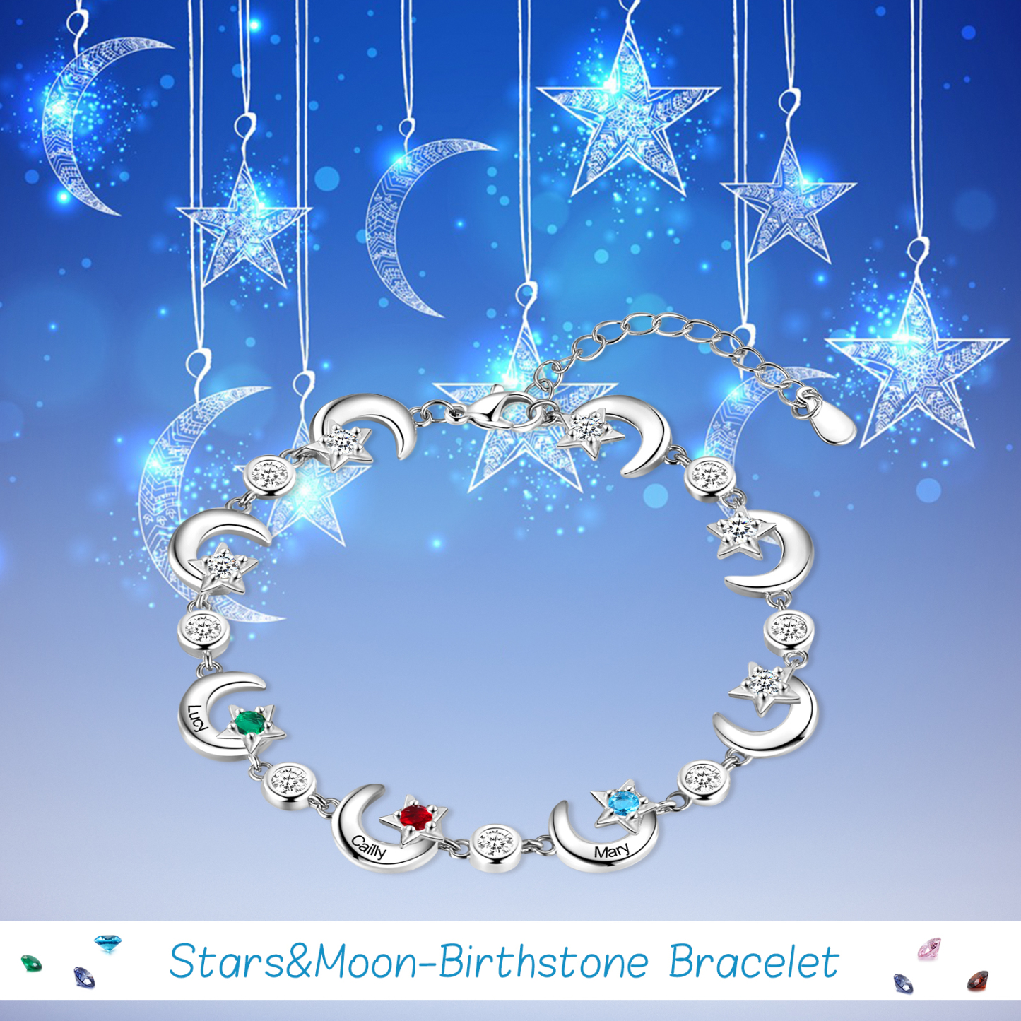 3 Names-Personalised Moons And Stars Bracelet With 3 Birthstones Custom Names Bracelet Gift For Women