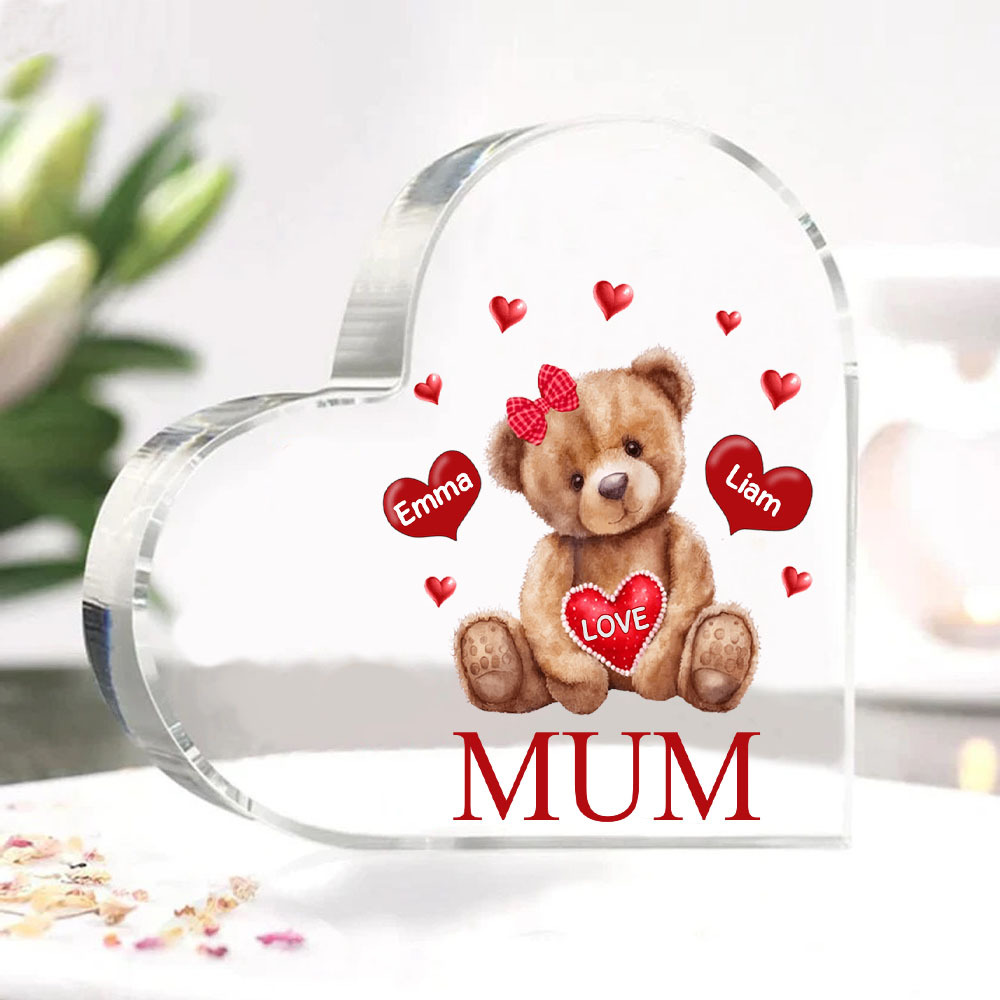 2 Names-Personalised Mum Acrylic Heart Keepsake Custom Text Love Teddy Bear Ornaments Gifts Set With Gift Box for Grandma/Mother