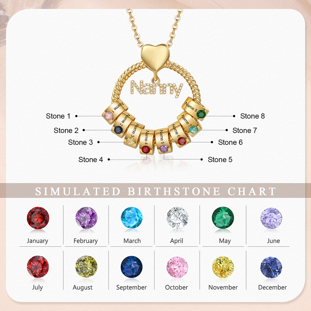 8 Names-Personalised Nanny Circle Necklace With 8 Birthstones Pendant Engraved Names Gift For Nanny