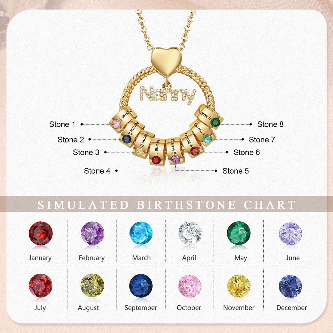 8 Names-Personalised Nanny Circle Necklace With 8 Birthstones Pendant Engraved Names Gift For Nanny