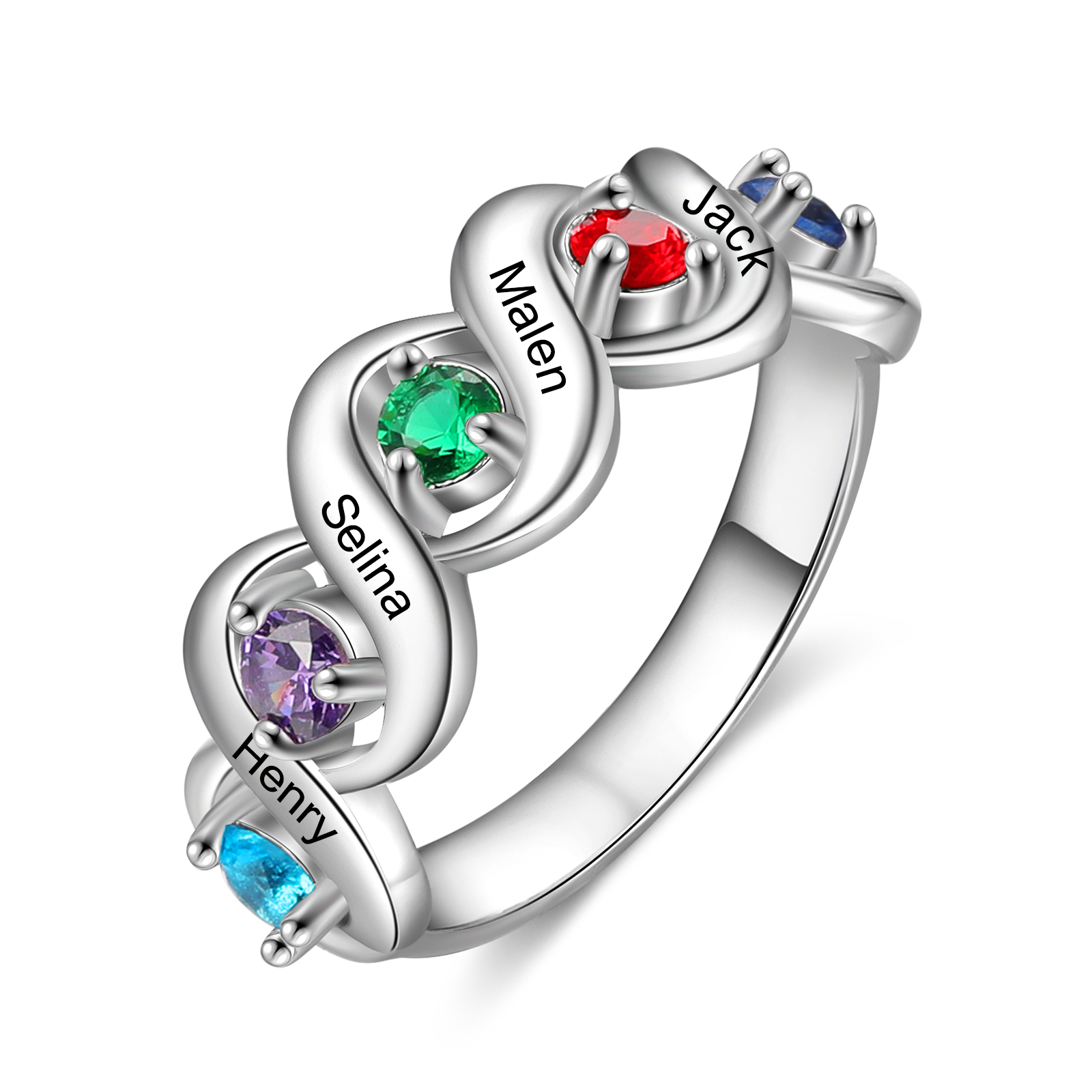 Personalised Ring With 5 Birthstones Engraved Names Ring Gift For Women