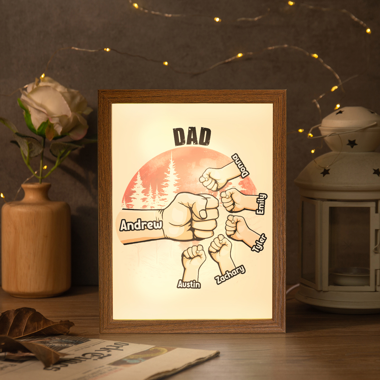 6 Names-Personalised Fist Dad LED Light Wooden Photo Frame -Custom Text & Names, Adjustable 3 Colors