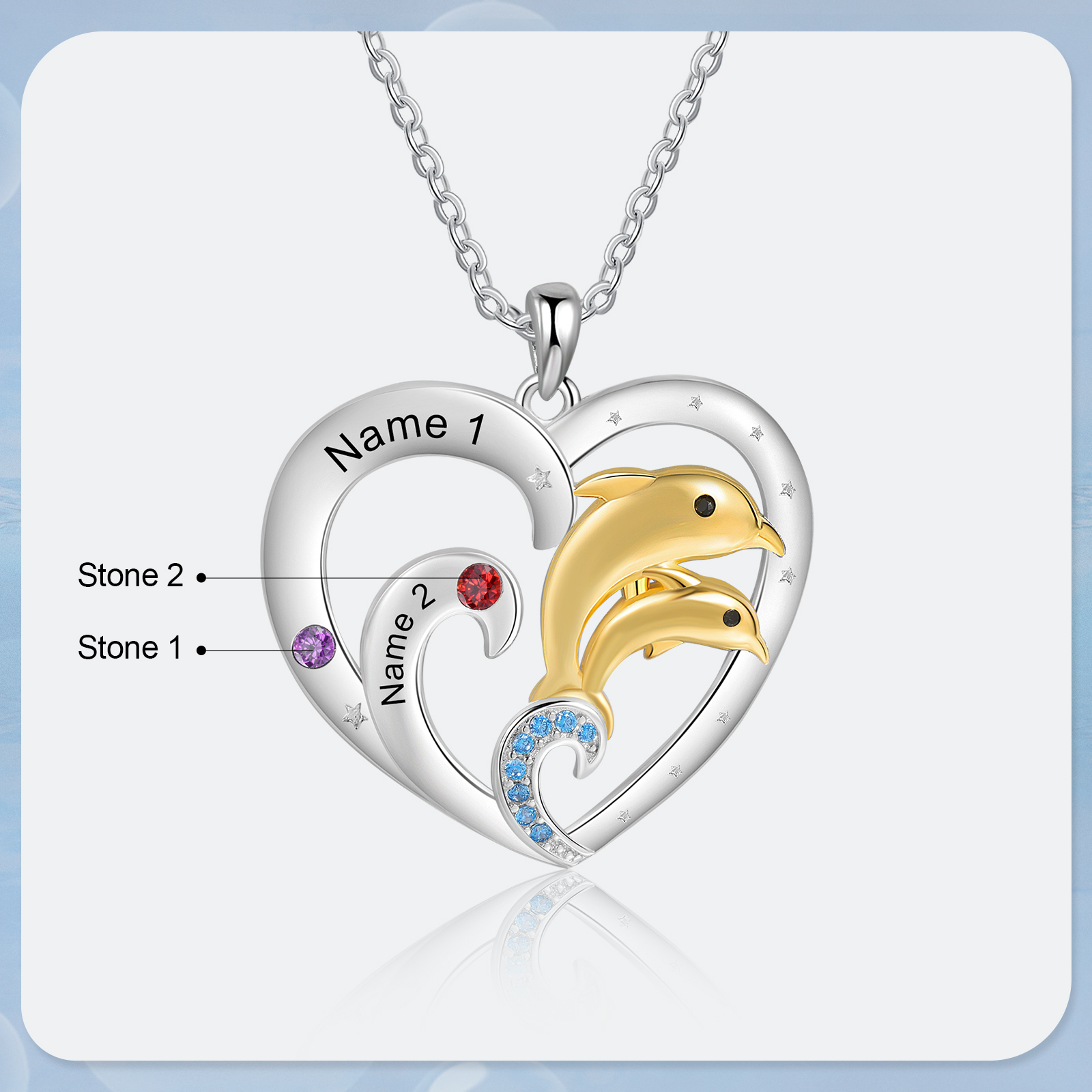 2 Names - Personalised Beautiful Dolphin Heart Necklace with Customized Name and Birthstone Gift for Her