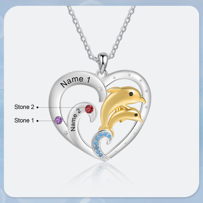 2 Names - Personalised Beautiful Dolphin Heart Necklace with Customized Name and Birthstone Gift for Her