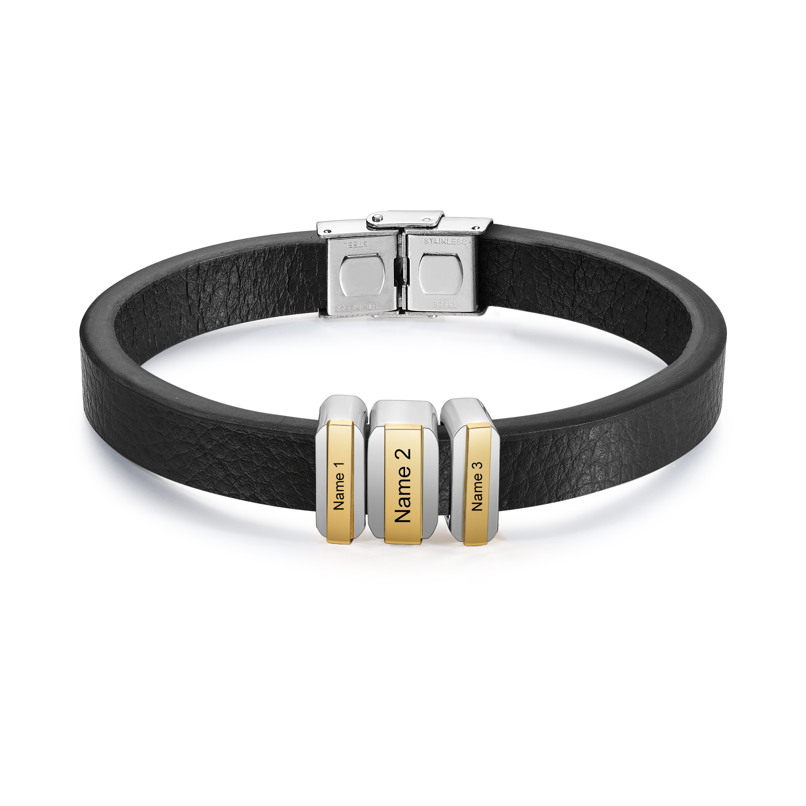 3 Names Personalised Stainless Steel Leather Bracelet Engraved Name Men's Bracelet Gift for Dad