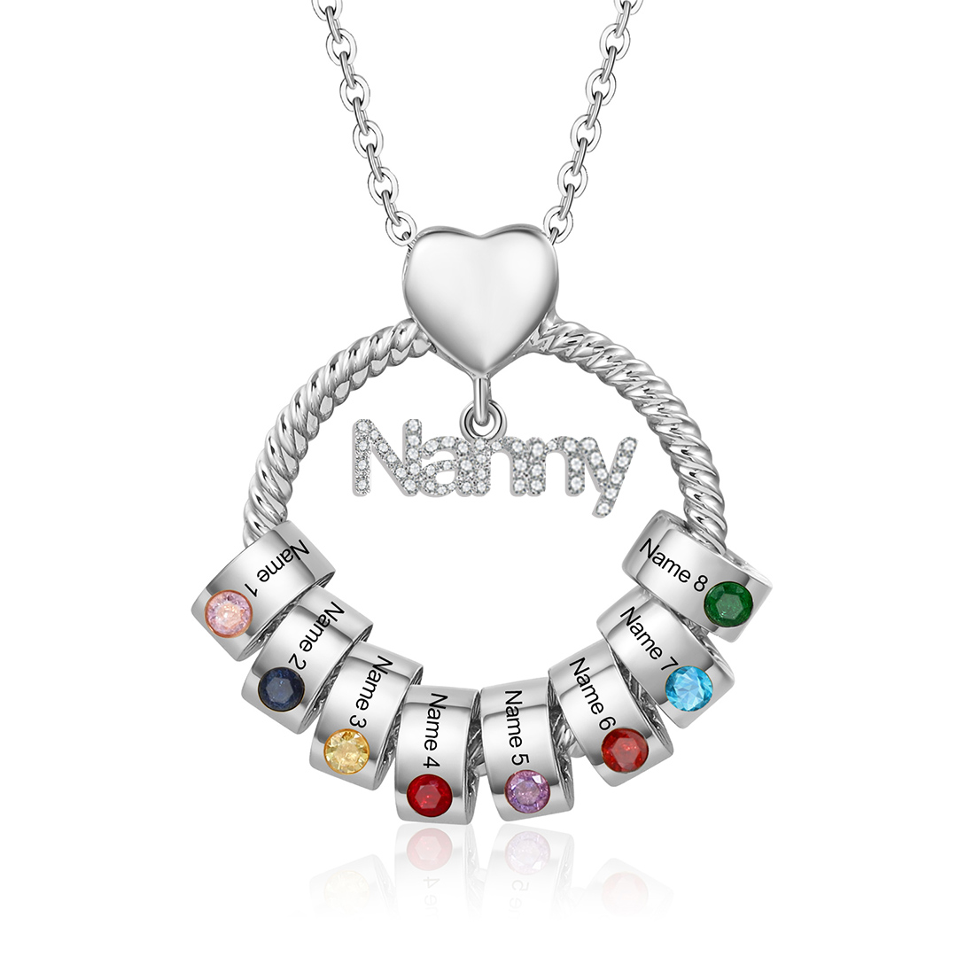 8 Names-Personalised Nanny Circle Necklace With 8 Birthstones Pendant Engraved Names Gift For Nanny