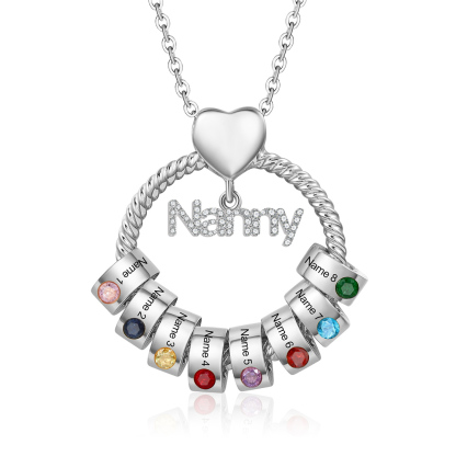 8 Names-Personalised Nanny Circle Necklace With 8 Birthstones Pendant Engraved Names Gift For Nanny