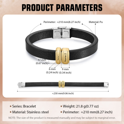 2 Names Personalised Stainless Steel Leather Bracelet Engraved Name Men's Bracelet Gift for Dad