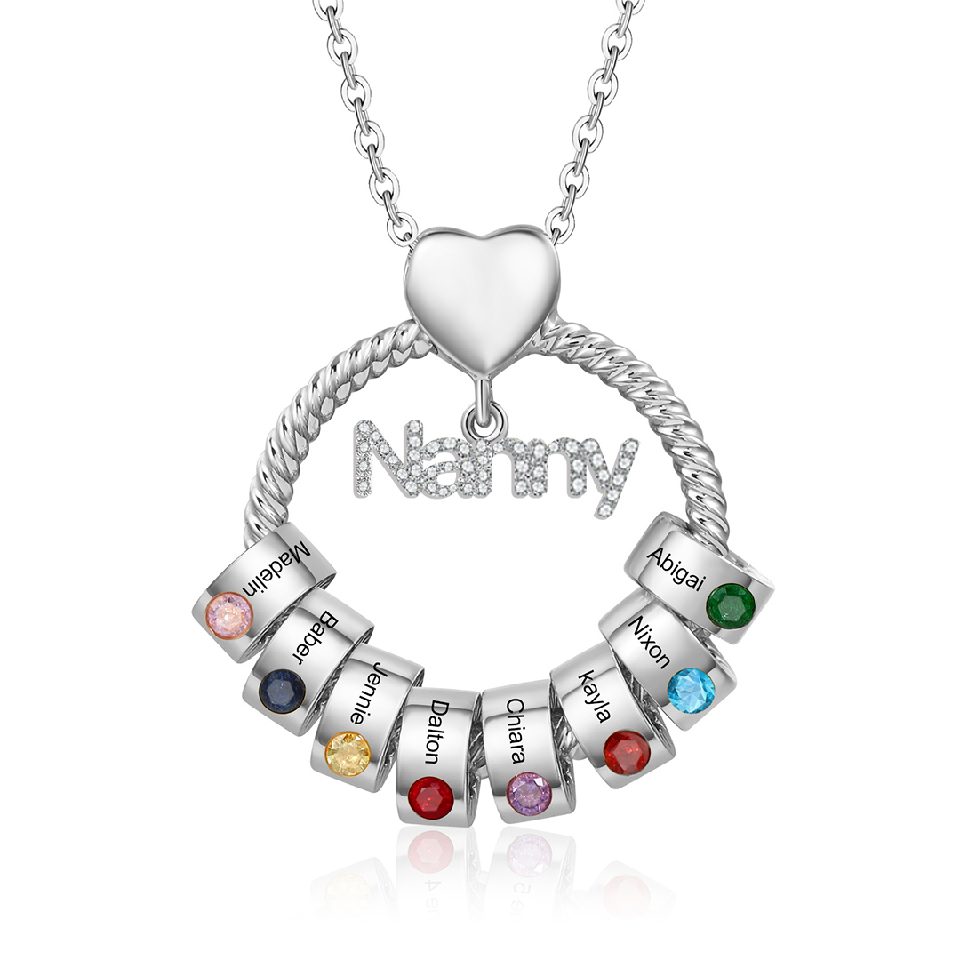 8 Names-Personalised Nanny Circle Necklace With 8 Birthstones Pendant Engraved Names Gift For Nanny
