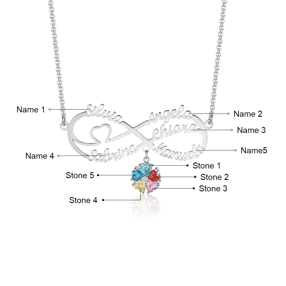 Personalised Infinity Necklace With 6 Birthstones Engraved Names Necklace Gift For Women