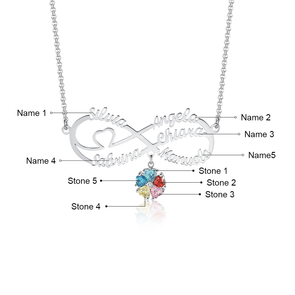 Personalised Infinity Necklace With 6 Birthstones Engraved Names Necklace Gift For Women