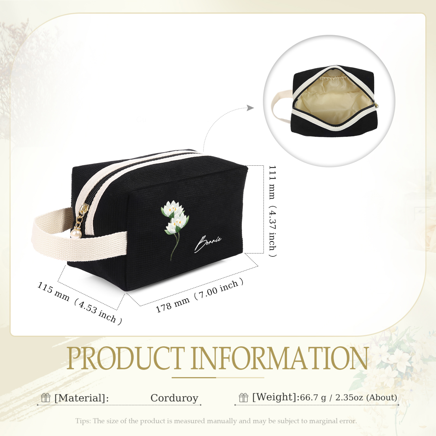 Personalized Name And Birthflower Cosmetic Bag, Travel Cosmetic Bag Women'S Customized Gift