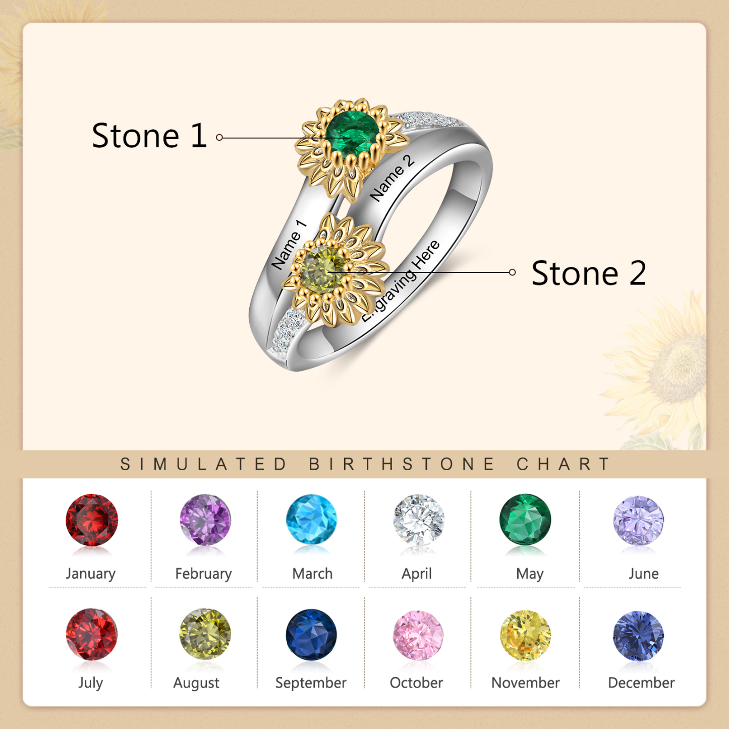 Personalised Sunflower Ring With 2 Birthstones Engraved Names Ring Gift For Women | Jessemade