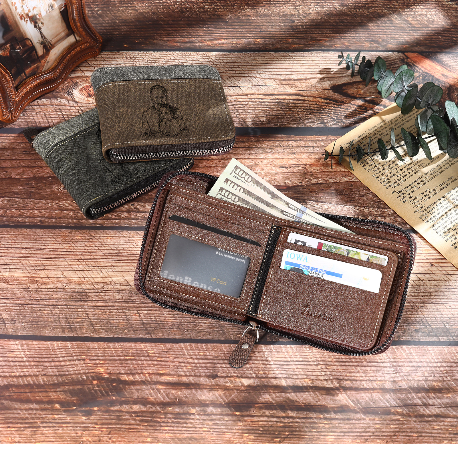 5 Names - Personalised Fist Bump Photo Custom Leather Men's Zipper Wallet as a Father's Day Gift for Dad