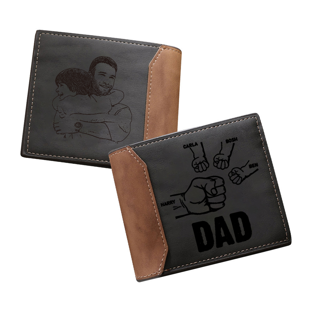 4 Names - Personalised Fist Bump Photo Custom Leather Men's  Wallet With Gift Box as a Father's Day Gift for Dad