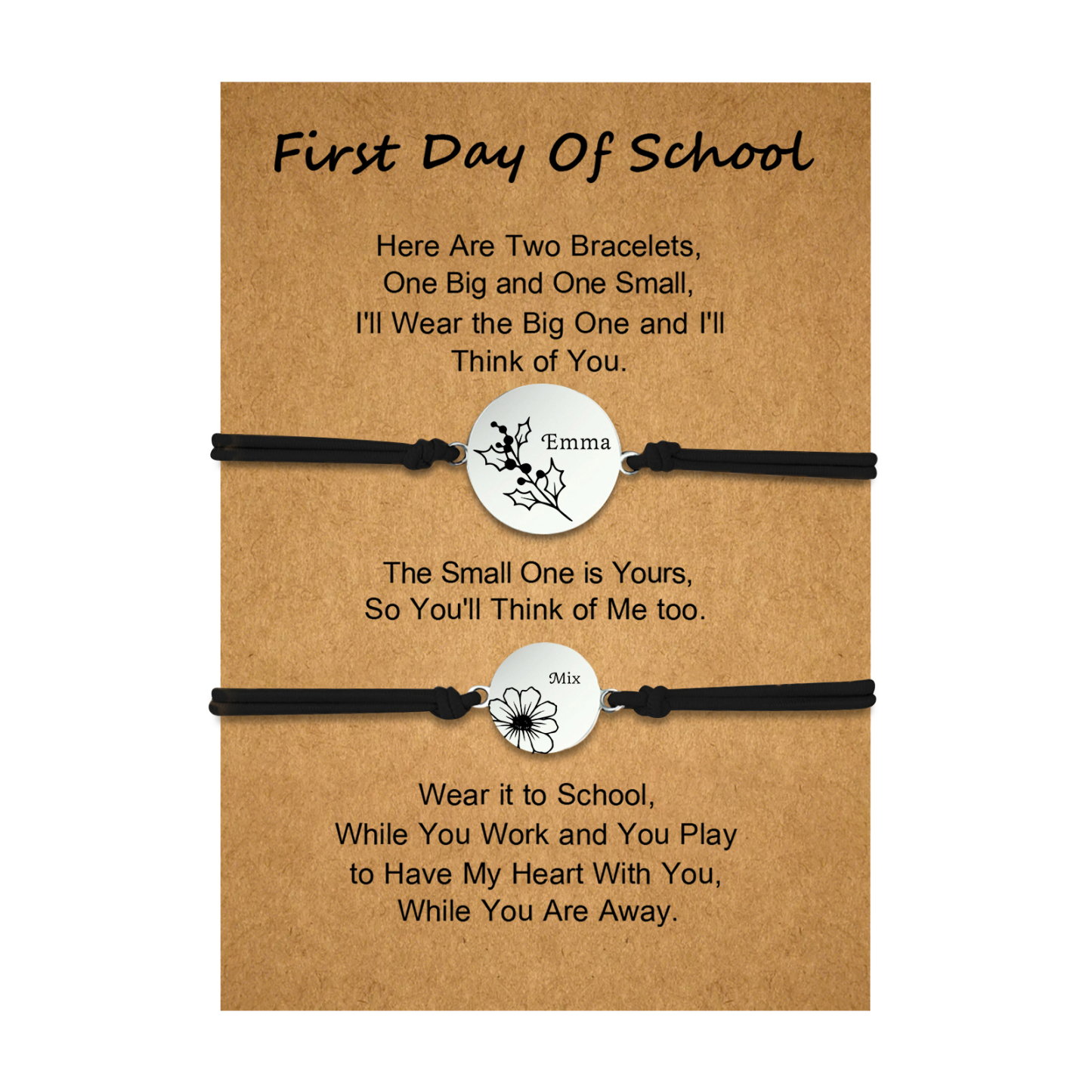 2 PCS Personalized 2 Birthflowers & 2 Names Elastic Stainless Steel Bracelet First Day of School Gift for Daughter