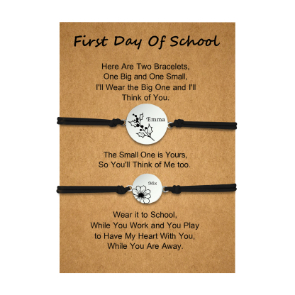 2 PCS Personalized 2 Birthflowers & 2 Names Elastic Stainless Steel Bracelet First Day of School Gift for Daughter