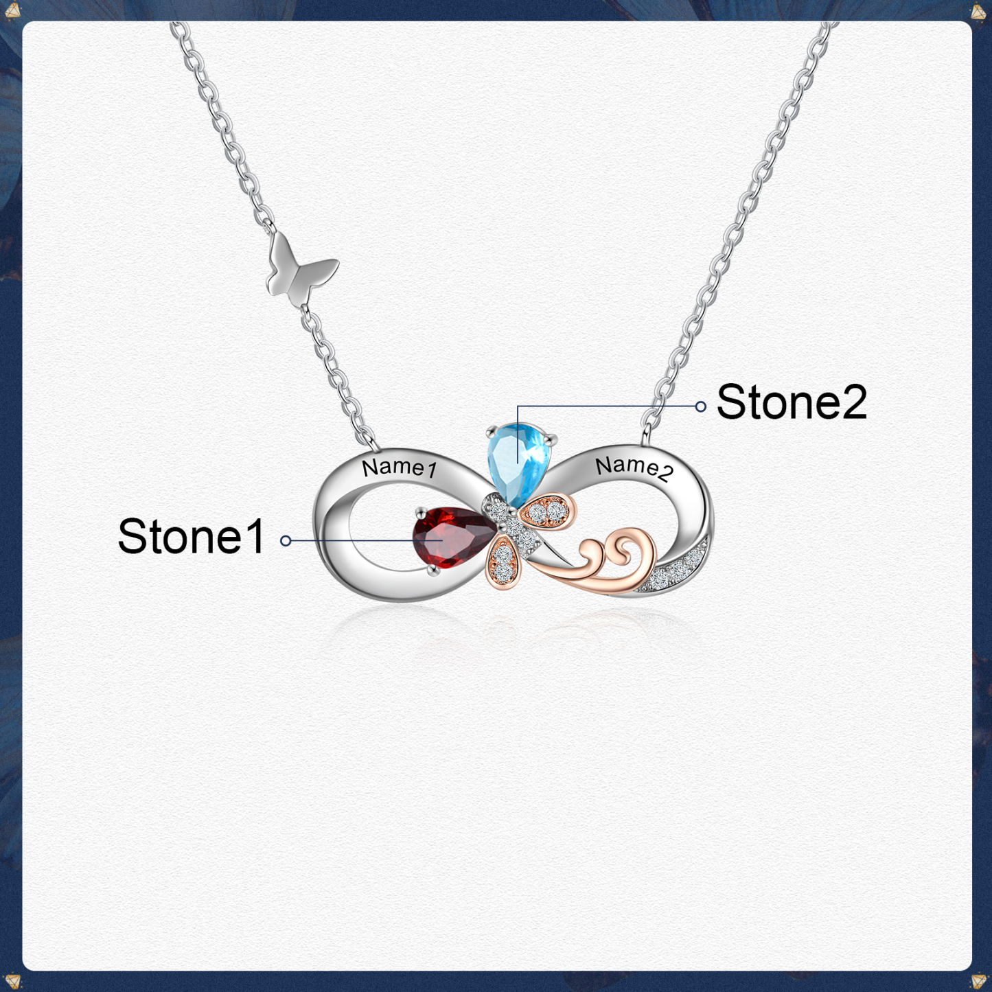 Personalised Infinity Butterfly Necklace With 2 Birthstones Engraved Names Gift For Women