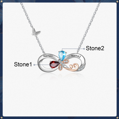 Personalised Infinity Butterfly Necklace With 2 Birthstones Engraved Names Gift For Women