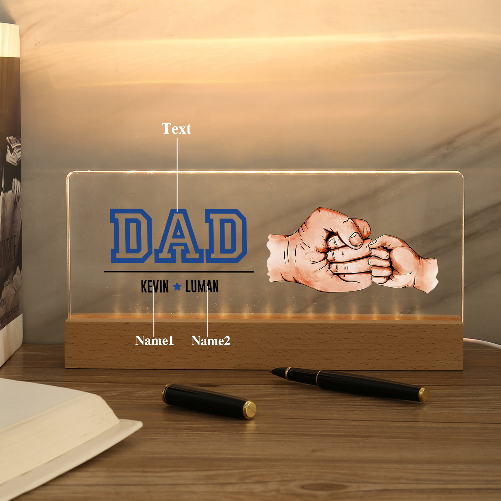 2 Names - Personalised Fist Bump Table Lamp - Dad's Dream Team - Father's Day Gift for Dad
