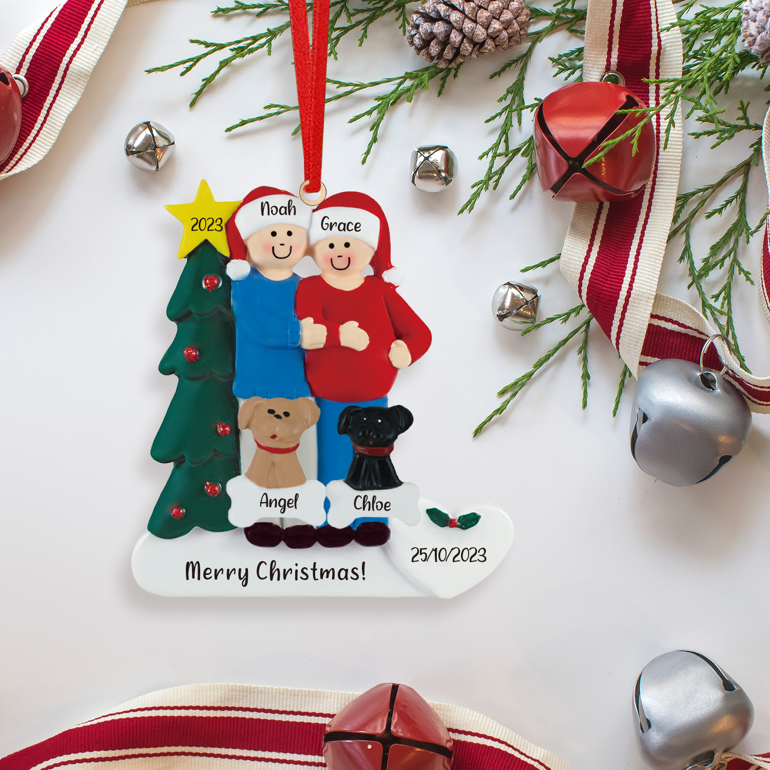 4 Names-Personalised Family Wooden Christmas Xmas Tree Decoration Ornament-Custom 4 Names And Dates Hanging Ornament Gifts For Family