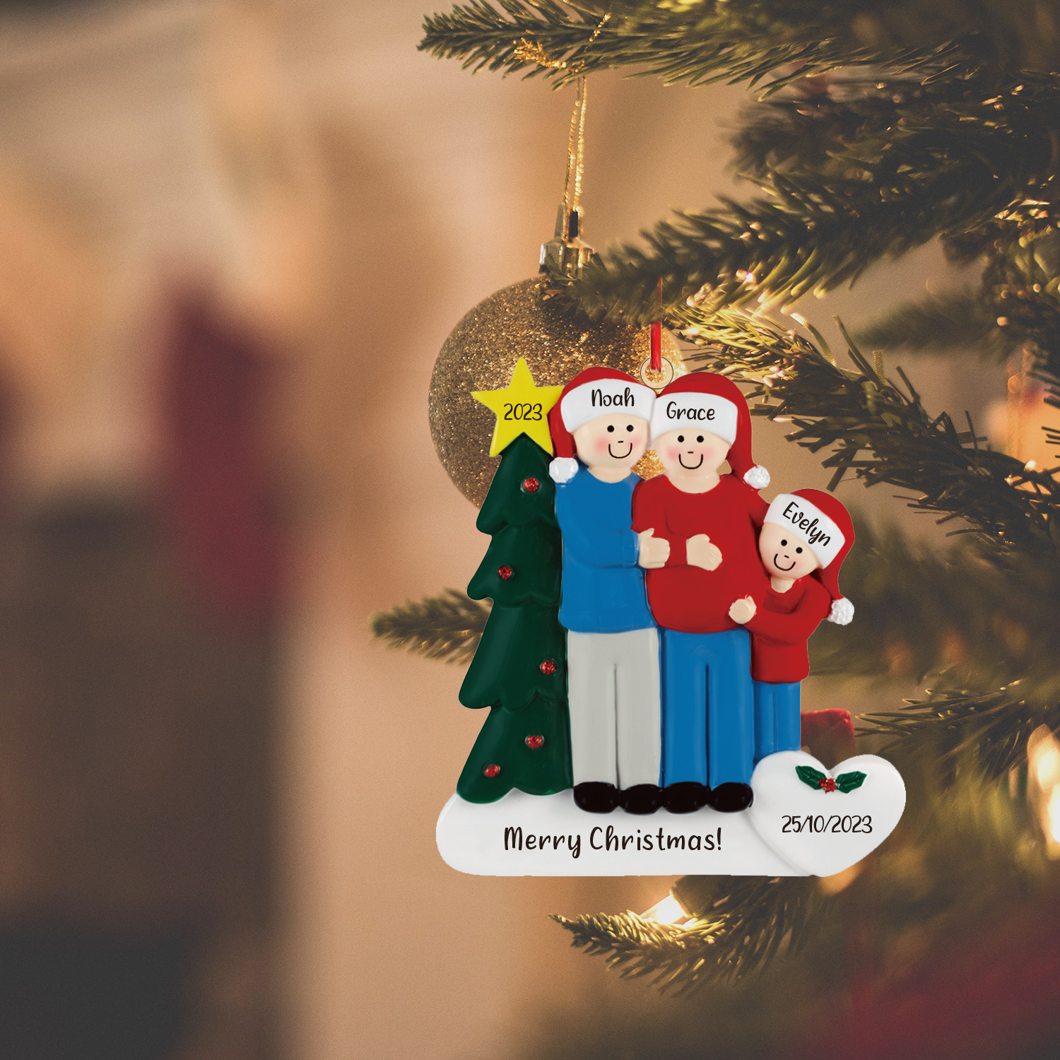 3 Names-Personalised Family Wooden Christmas Xmas Tree Decoration Ornament-Custom 3 Names And Dates Hanging Ornament Gifts For Family