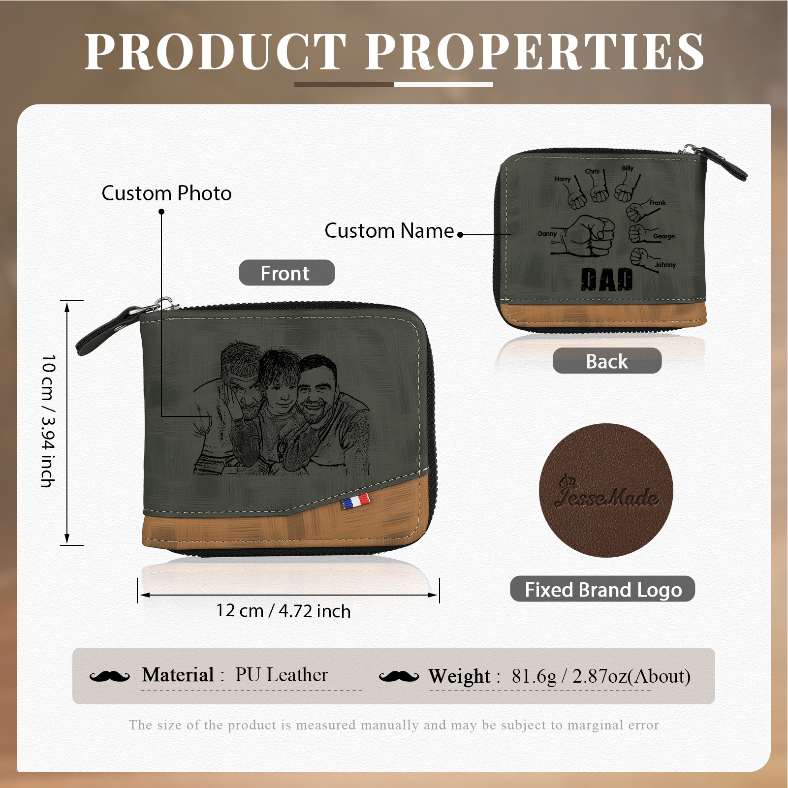 7 Names - Personalised Photo Custom Leather Men's Zipper Wallet as a Father's Day Gift for Dad