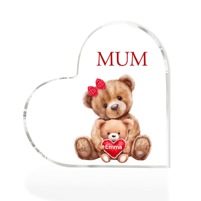1 Name-Personalised Mum Acrylic Heart Keepsake Custom Text Love Teddy Bear Ornaments Gifts Set With Gift Box for Grandma/Mother