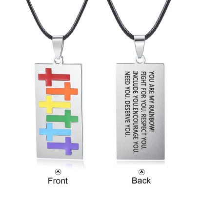 Personalised Text Rainbow Cross Style Pendant Necklace LGBT Pride Day Gift