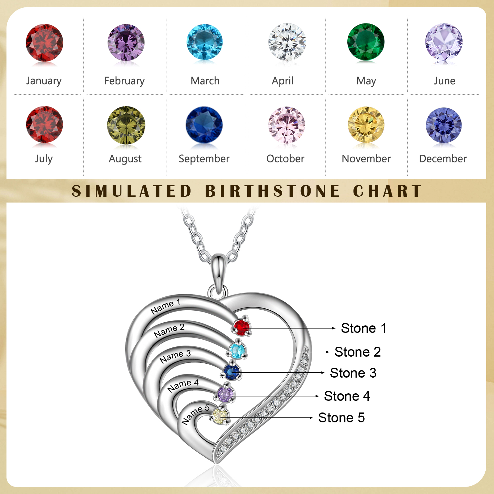 Personalised Mother Necklace 5 Stones Engraved 5 Names Birthstone Intertwined Heart Pendant Gifts for Her