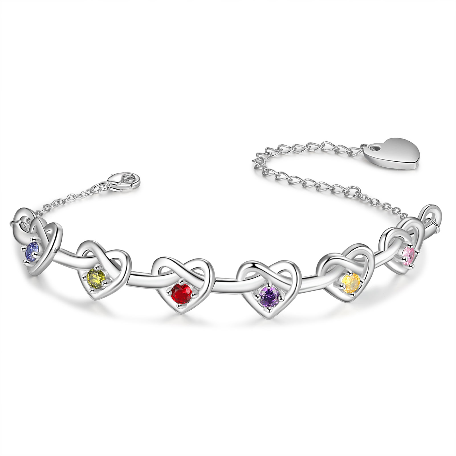 6 Names-Personalized Linked Heart Bracelet With 6 Birthstones Engraved Names And Text Bangle For Her