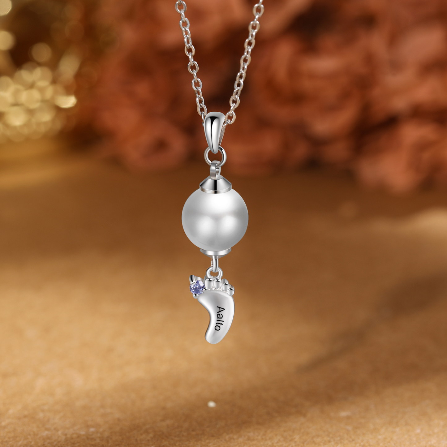 Personalised Baby Feet Pearl Necklace Custom 1 Name & Birthstone Mother Necklace