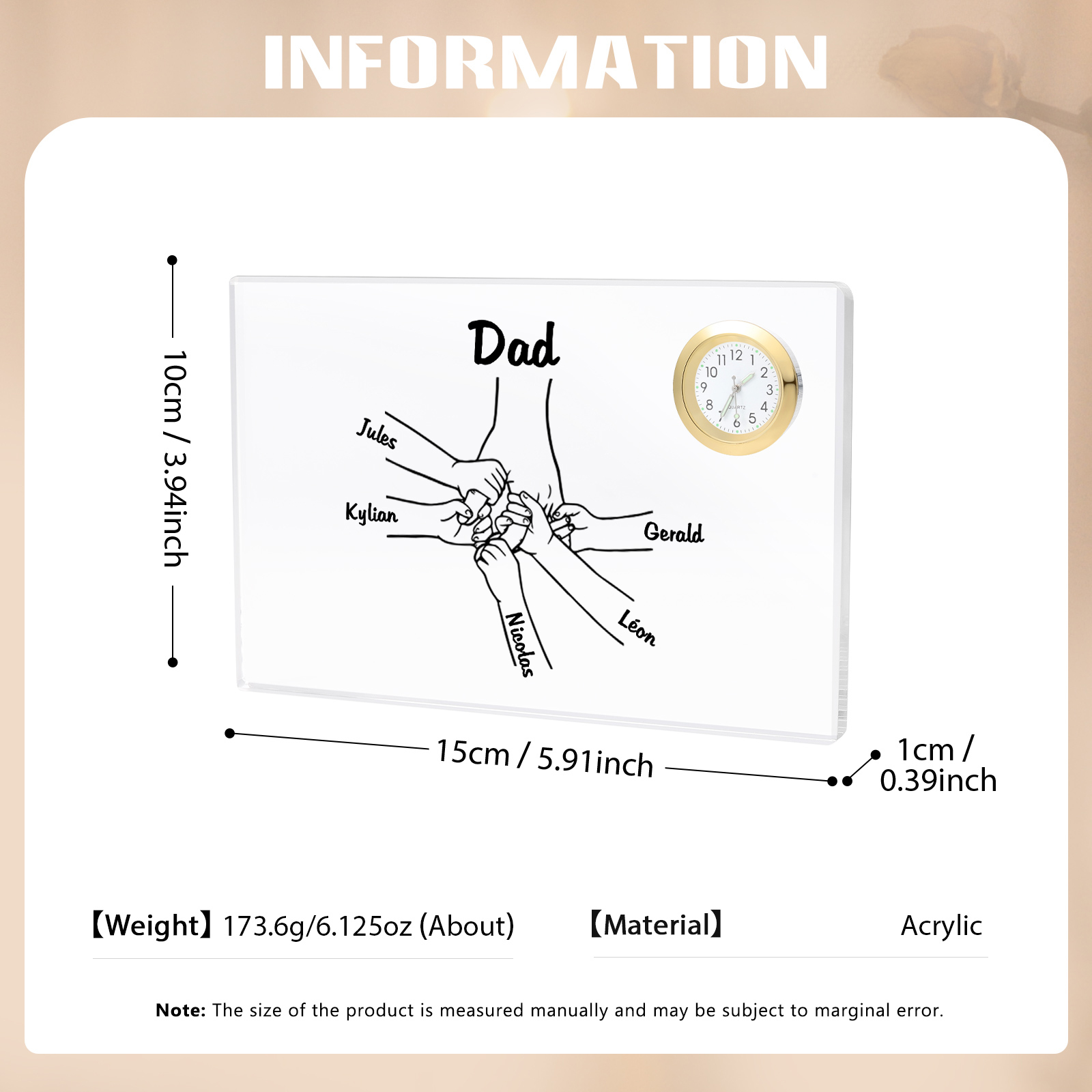 6 Names - Personalised Holding Hands Pattern Custom Name Acrylic Rectangular Clock Ornament Father's Day Gift