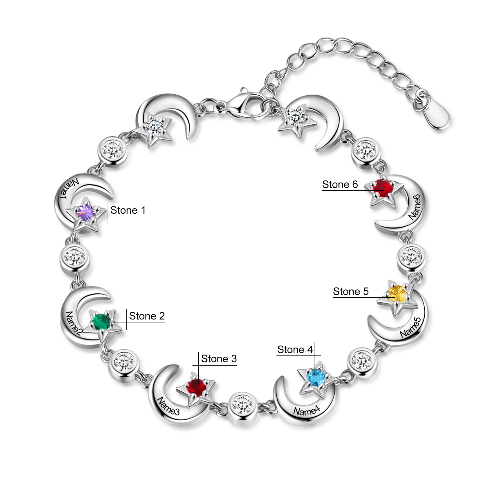 6 Names-Personalised Moons And Stars Bracelet With 6 Birthstones Custom Names Bracelet Gift For Women