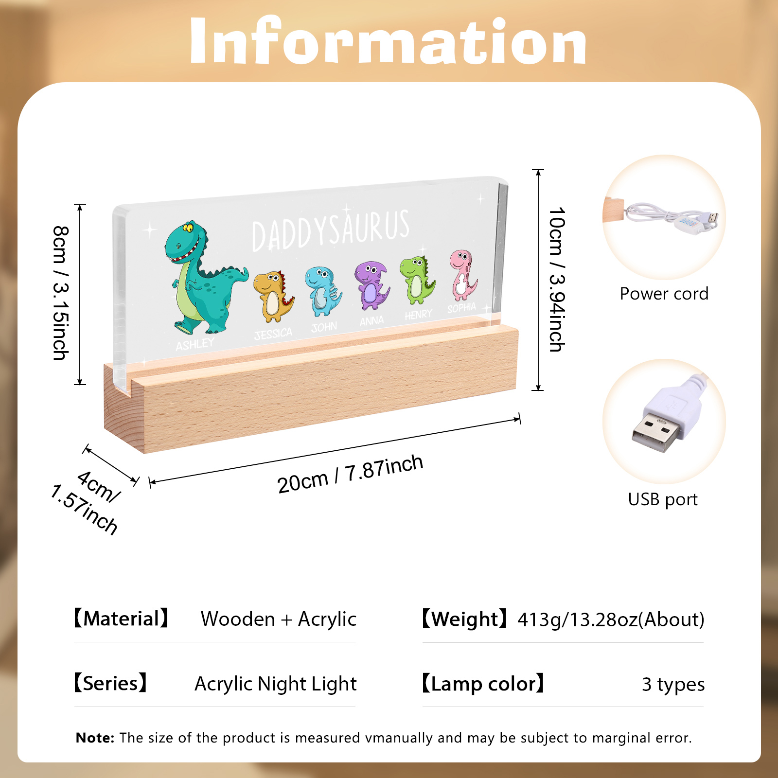 6 Names - Personalised Cute Dinosaur Pattern Beautiful Table Lamp Father's Day Gift for Dad