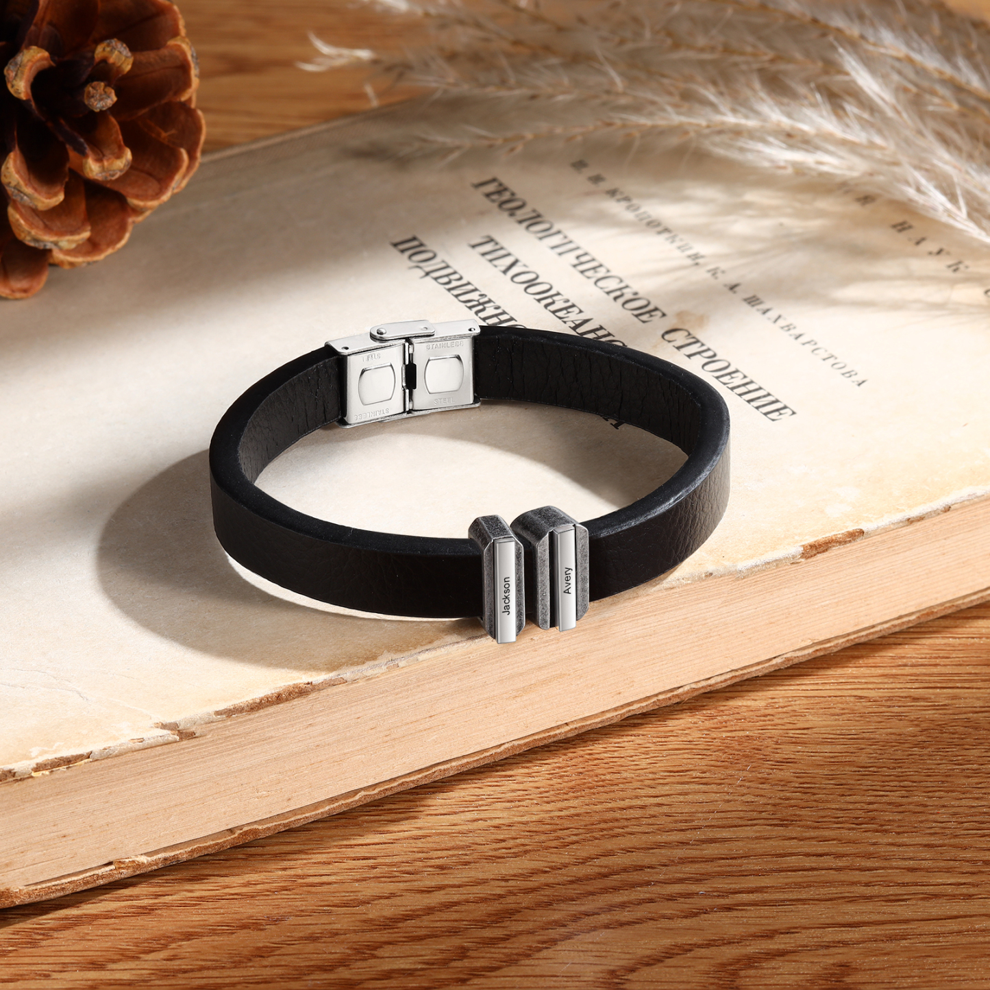 2 Names Personalised Stainless Steel Leather Bracelet Engraved Name Men's Bracelet Gift for Dad