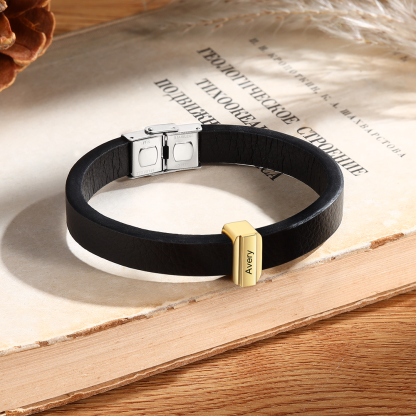 1 Name Personalised Stainless Steel Leather Bracelet Engraved Name Men's Bracelet Gift for Dad