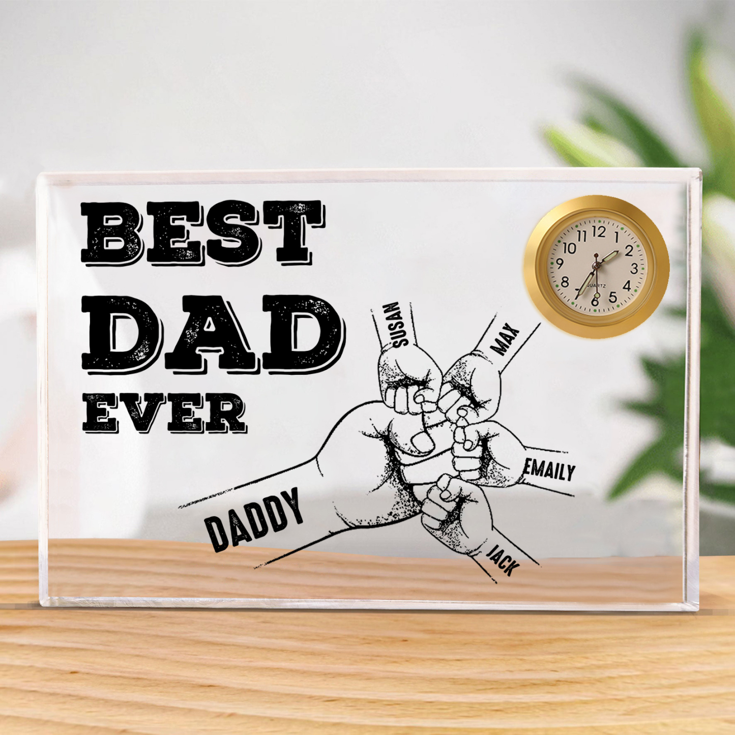 5 Names - Personalised Fist Bump Pattern Custom Name Acrylic Rectangular Clock Ornament Father's Day Gift