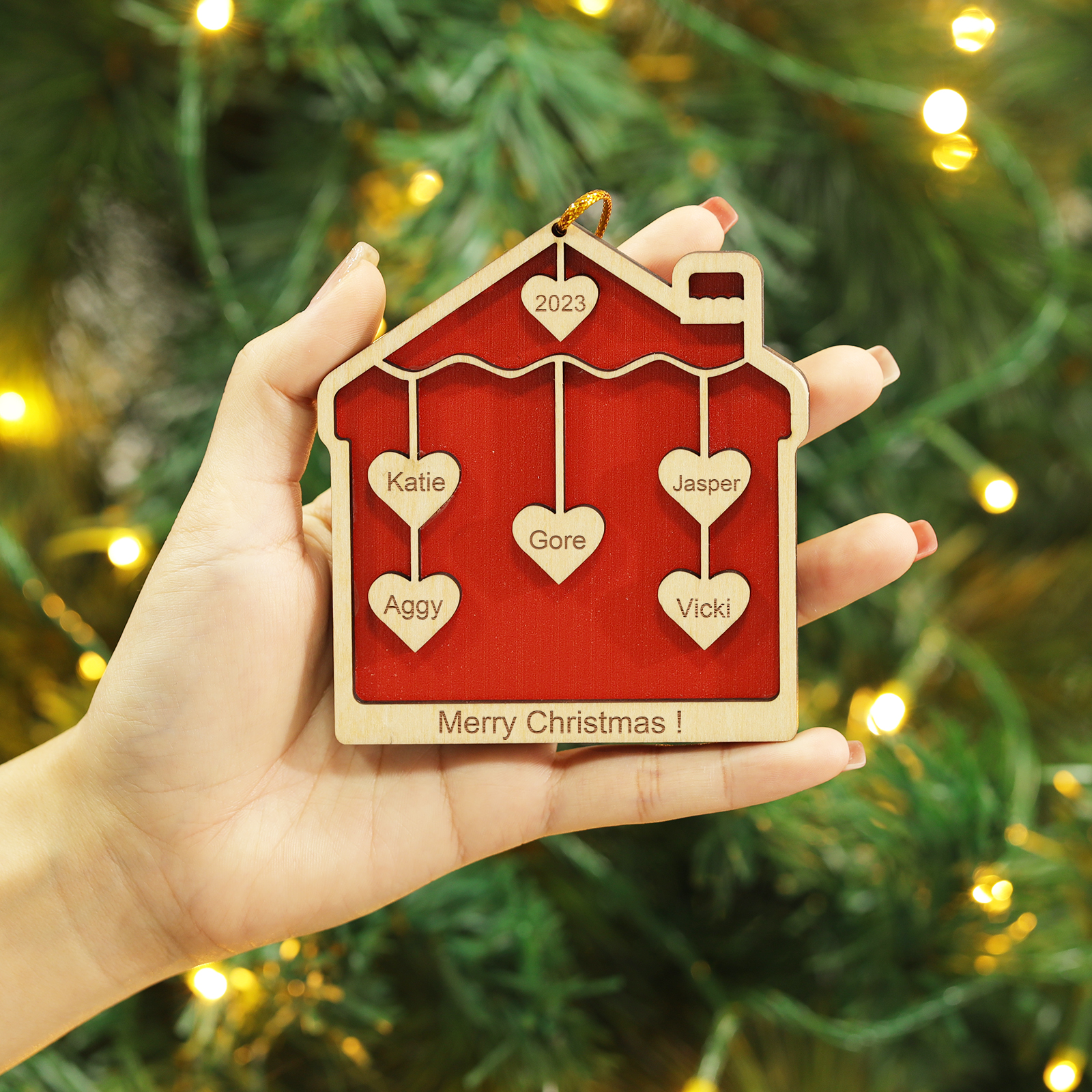 5 Names-Personalised Family Wooden Christmas Xmas Tree Decoration Ornament-Custom 5 Names And Year Hanging Ornament Gifts For Family